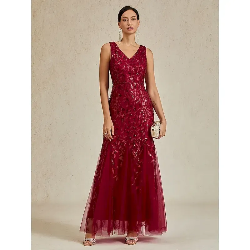 atpigm1752645541952.webp Women's Maxi Dress Trumpet Mermaid Dress Elegant Evening Party Regular Fit Solid Color Sleeveless V Neck Burgundy Summer Spring - Image 1