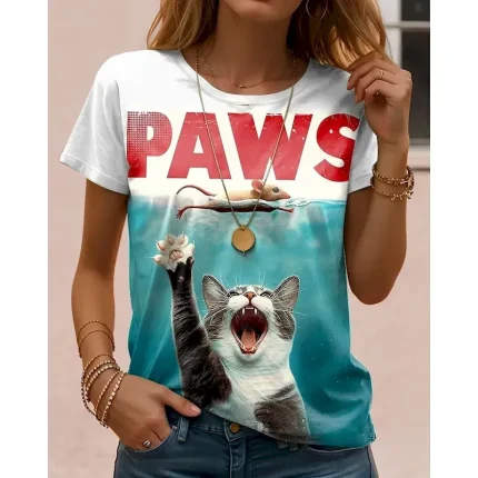 Women's T Shirt Graphic Cat Letter Vintage Stylish Classic Short Sleeve Crew Neck Regular Tops Daily Weekend Print Blue Purple Green Khaki Summer Spring