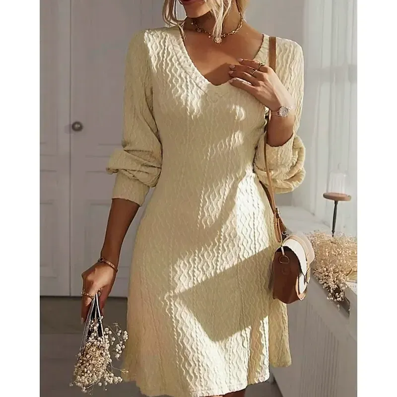 uxzvtj1756179843946.webp Women's Mini Dress Casual Dress Fashion Classic Modern Outdoor Vacation Holiday Regular Fit Plain Long Sleeve V Neck Black Pink Apricot Summer - Image 1